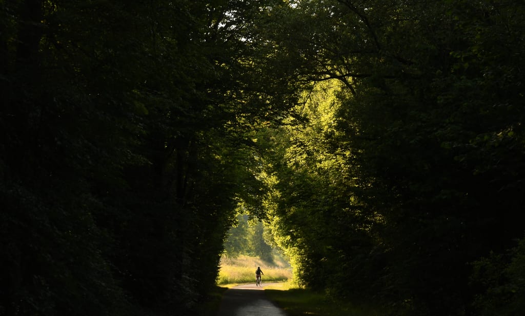 Radfahrerin in einem Hohlweg