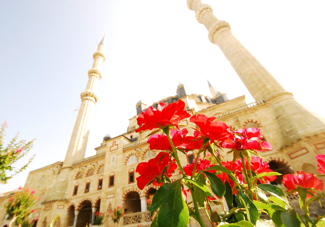 Moschee mit roten Blumen davor