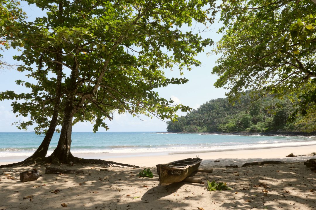 Einsamer tropischer Sandstrand mit Boot